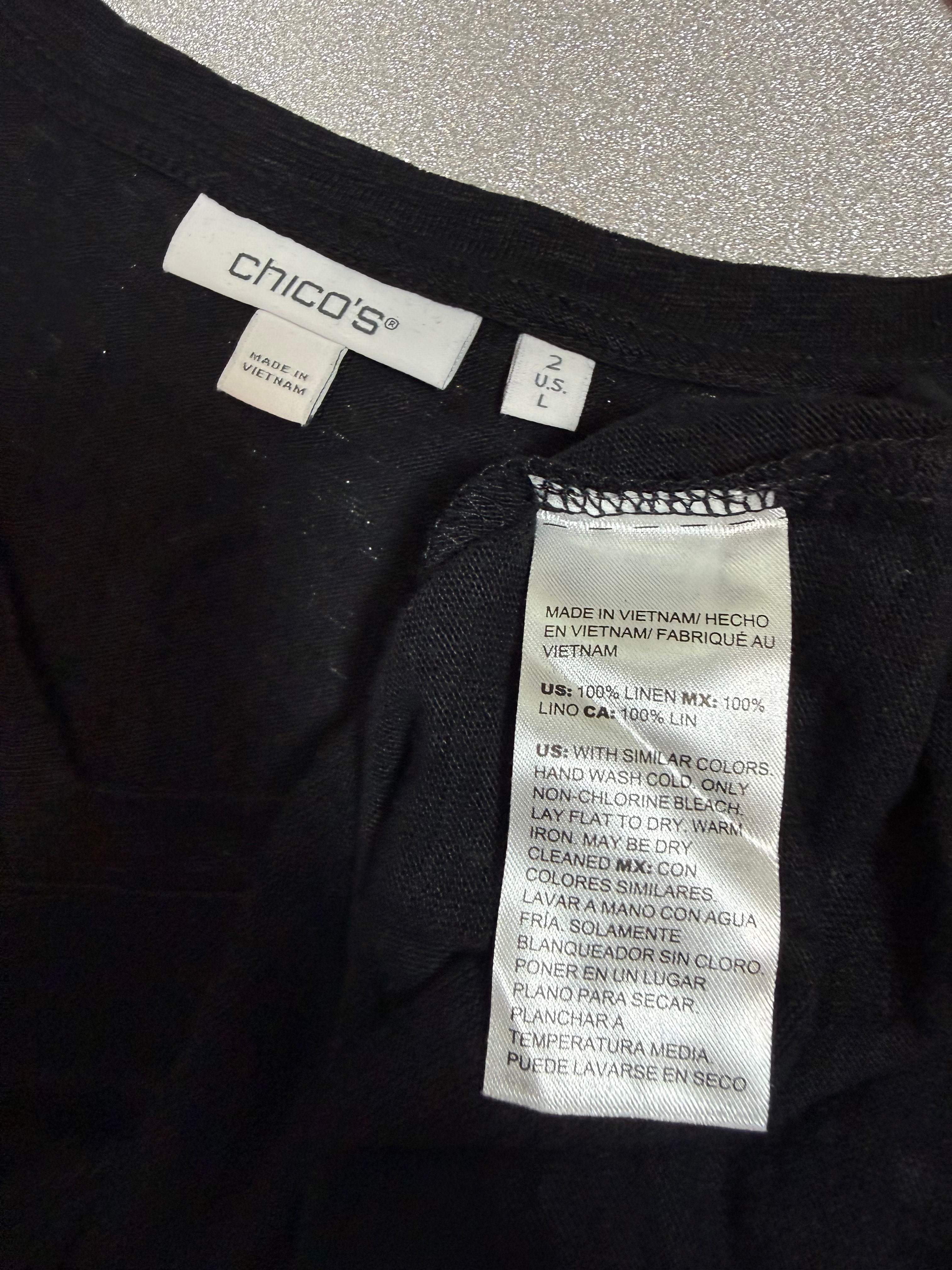 Chico's 100% Linen Size 2 (L) Black 3/4 Sleeve V-Neck Shirt