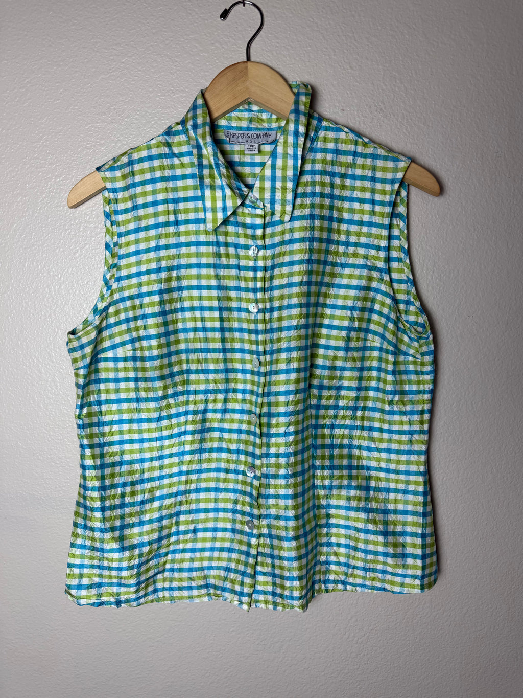 Kasper & Company 100% Silk Size 12 Blue and Green Plaid Button Down Tank Top