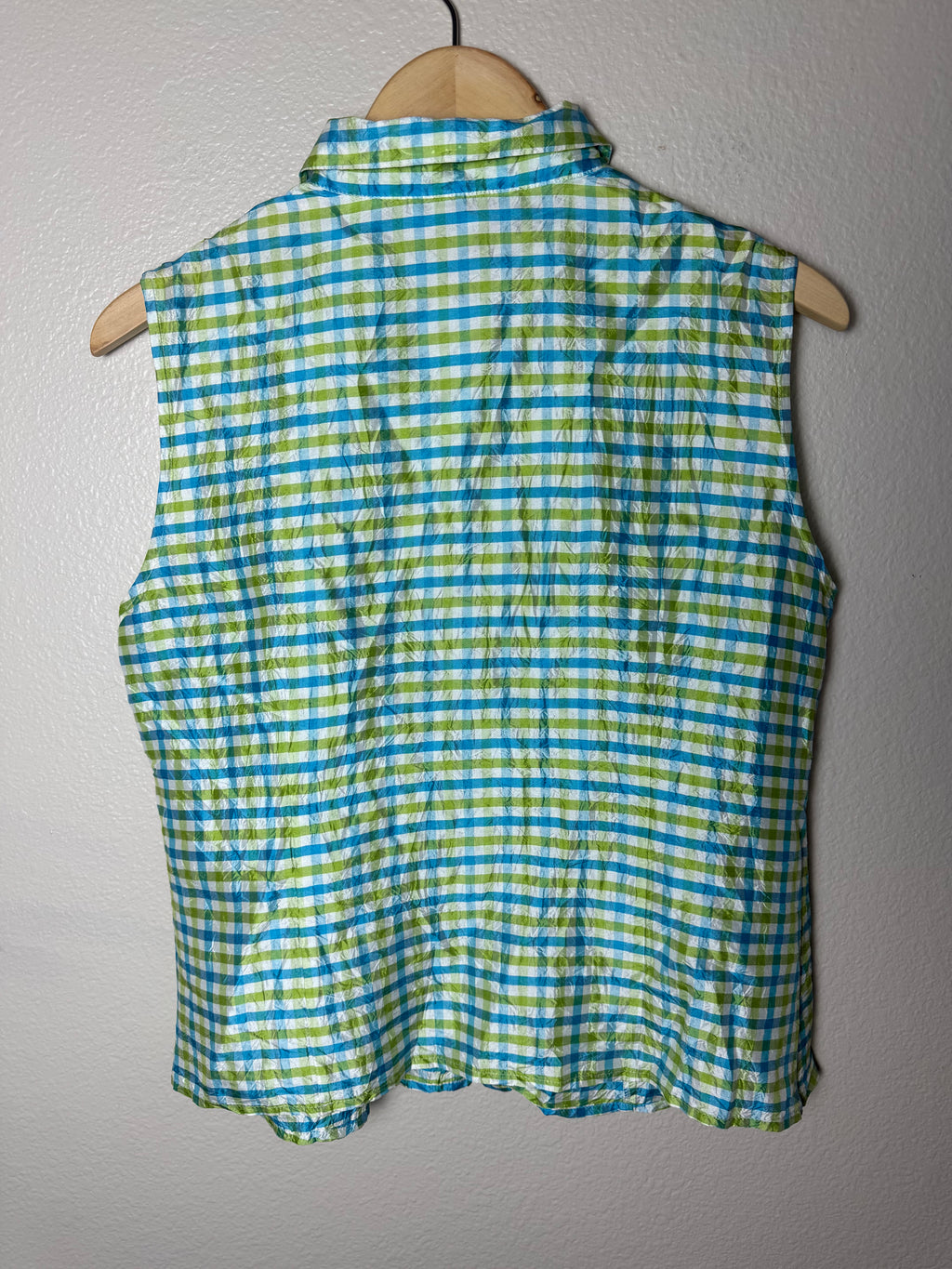 Kasper & Company 100% Silk Size 12 Blue and Green Plaid Button Down Tank Top