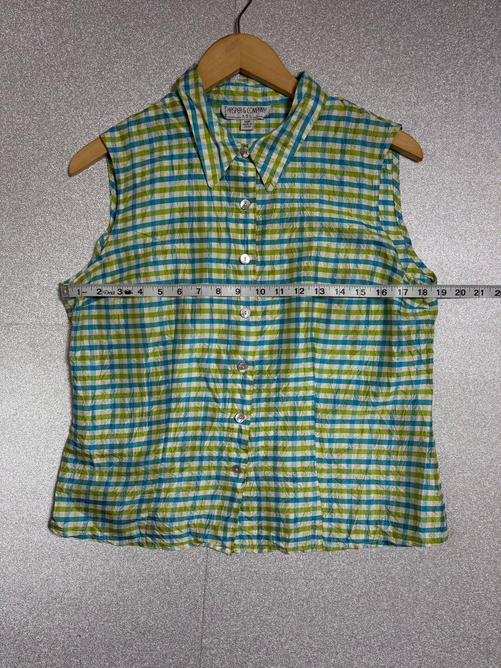 Kasper & Company 100% Silk Size 12 Blue and Green Plaid Button Down Tank Top