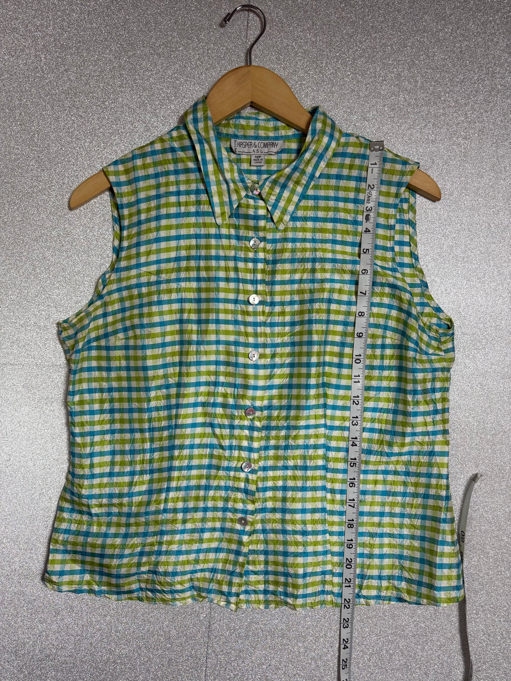 Kasper & Company 100% Silk Size 12 Blue and Green Plaid Button Down Tank Top