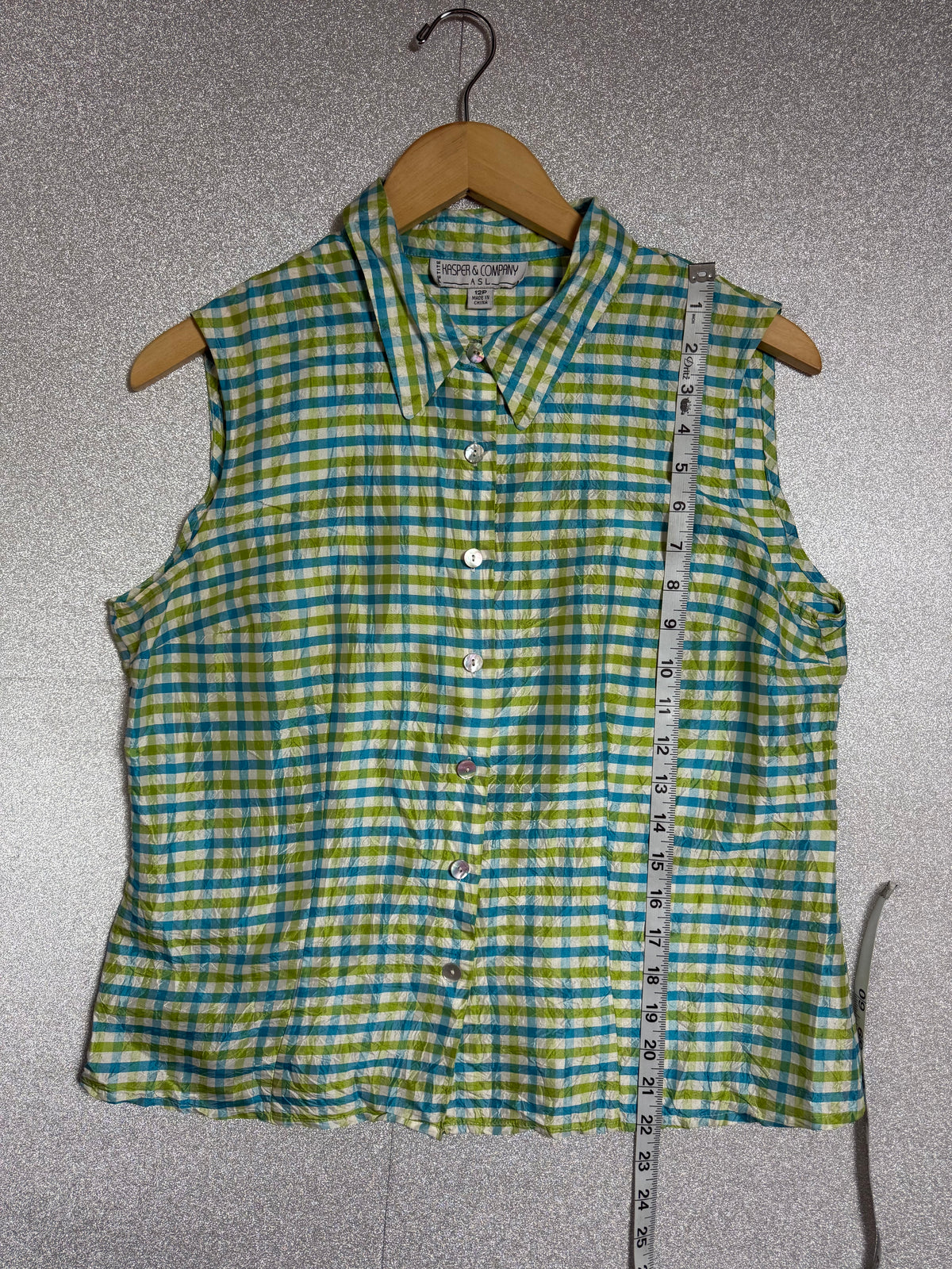 Kasper & Company 100% Silk Size 12 Blue and Green Plaid Button Down Tank Top