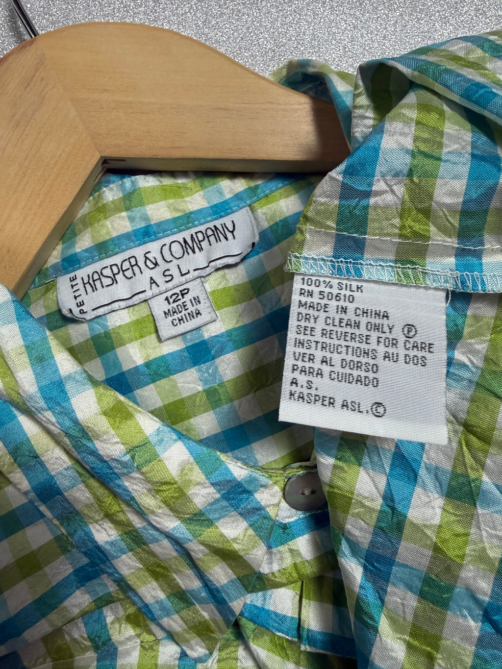 Kasper & Company 100% Silk Size 12 Blue and Green Plaid Button Down Tank Top