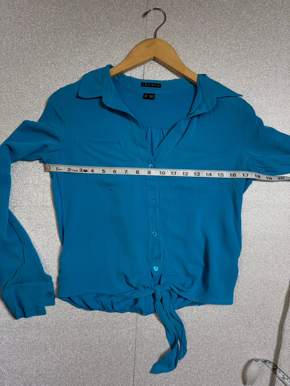 Theory 100% Silk S Blue Button Down Long Sleeve