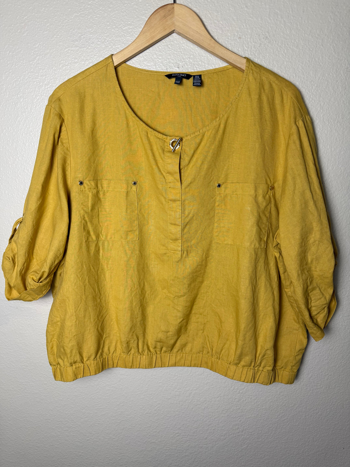 Ellen Tracy 100% Linen XL Mustard Yellow 3/4 Sleeve Shirt