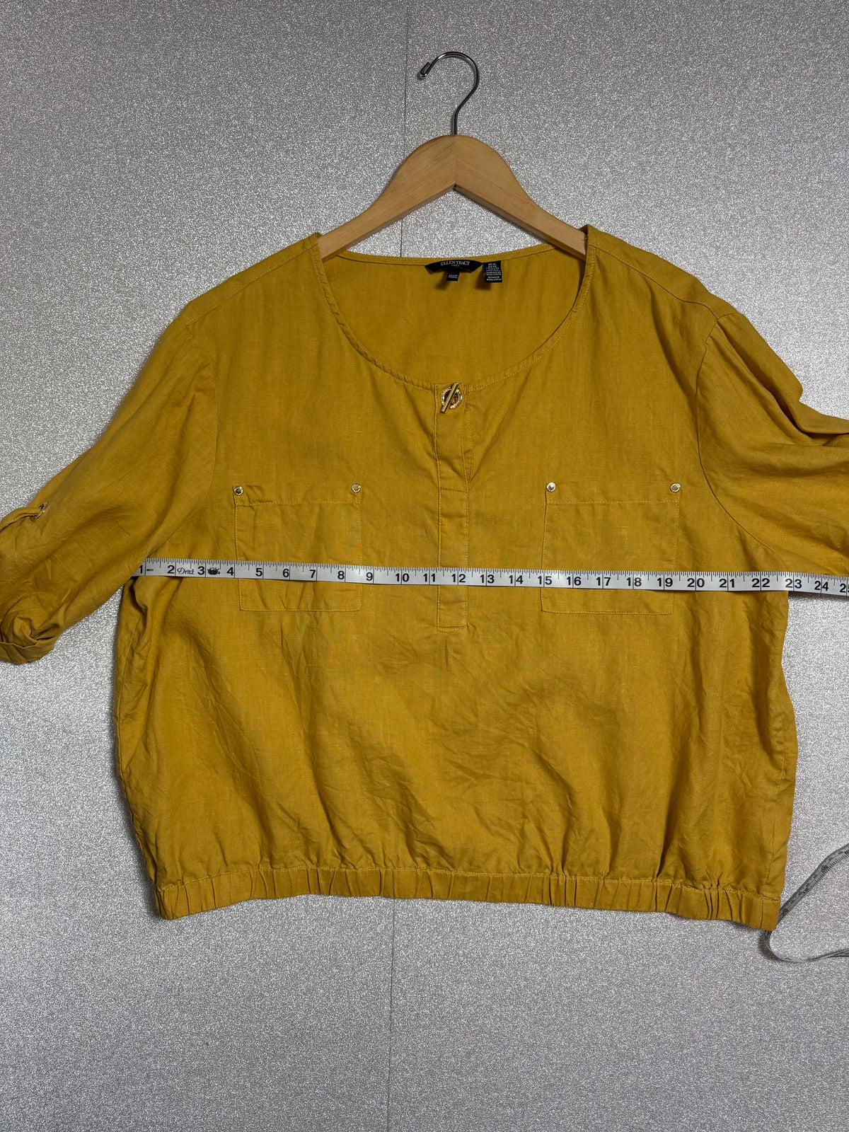 Ellen Tracy 100% Linen XL Mustard Yellow 3/4 Sleeve Shirt