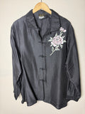Yi Lin 100% Silk 2XL Black Long Sleeve Button Down with Embroidered Rose