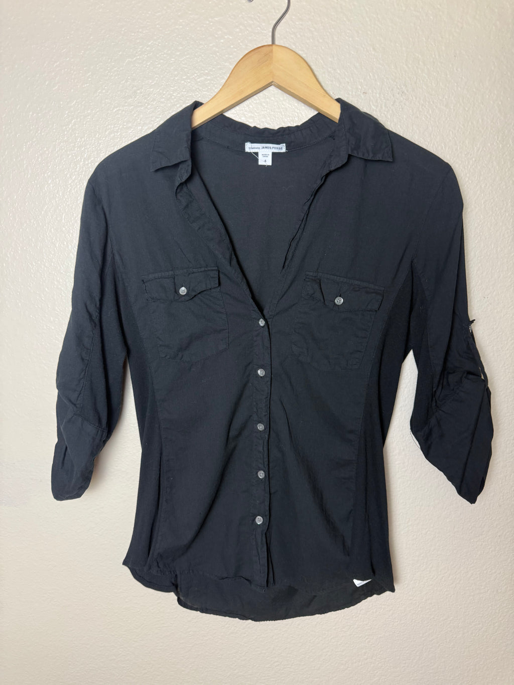 James Perse 100% Cotton Size 4 Black 3/4 Sleeve Button Down