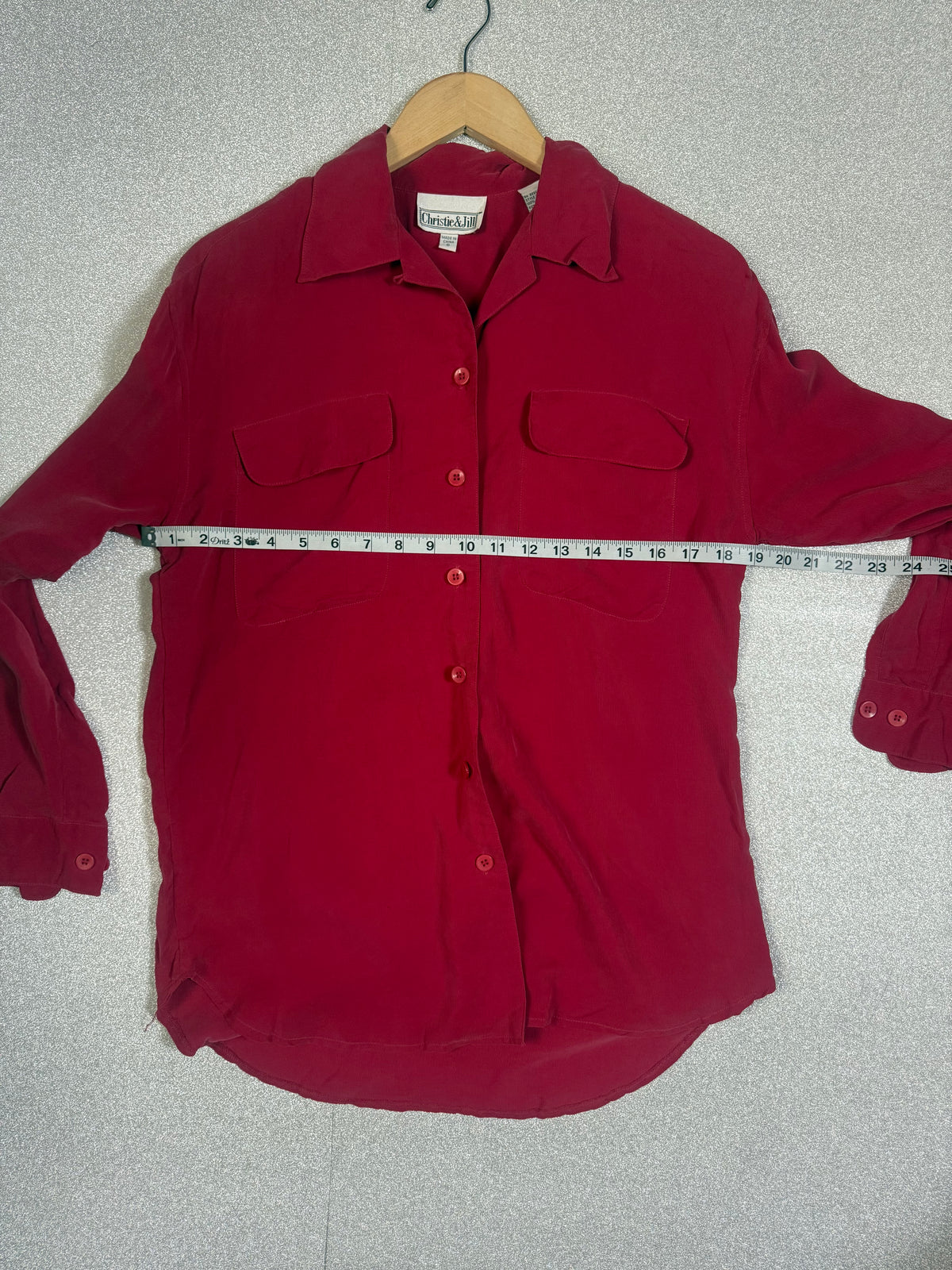 Christie & Jill 100% Silk S Red Collared Button Down Shirt