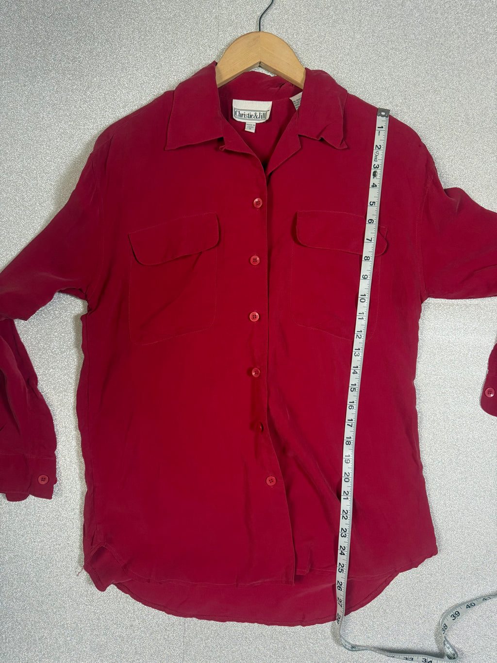 Christie & Jill 100% Silk S Red Collared Button Down Shirt