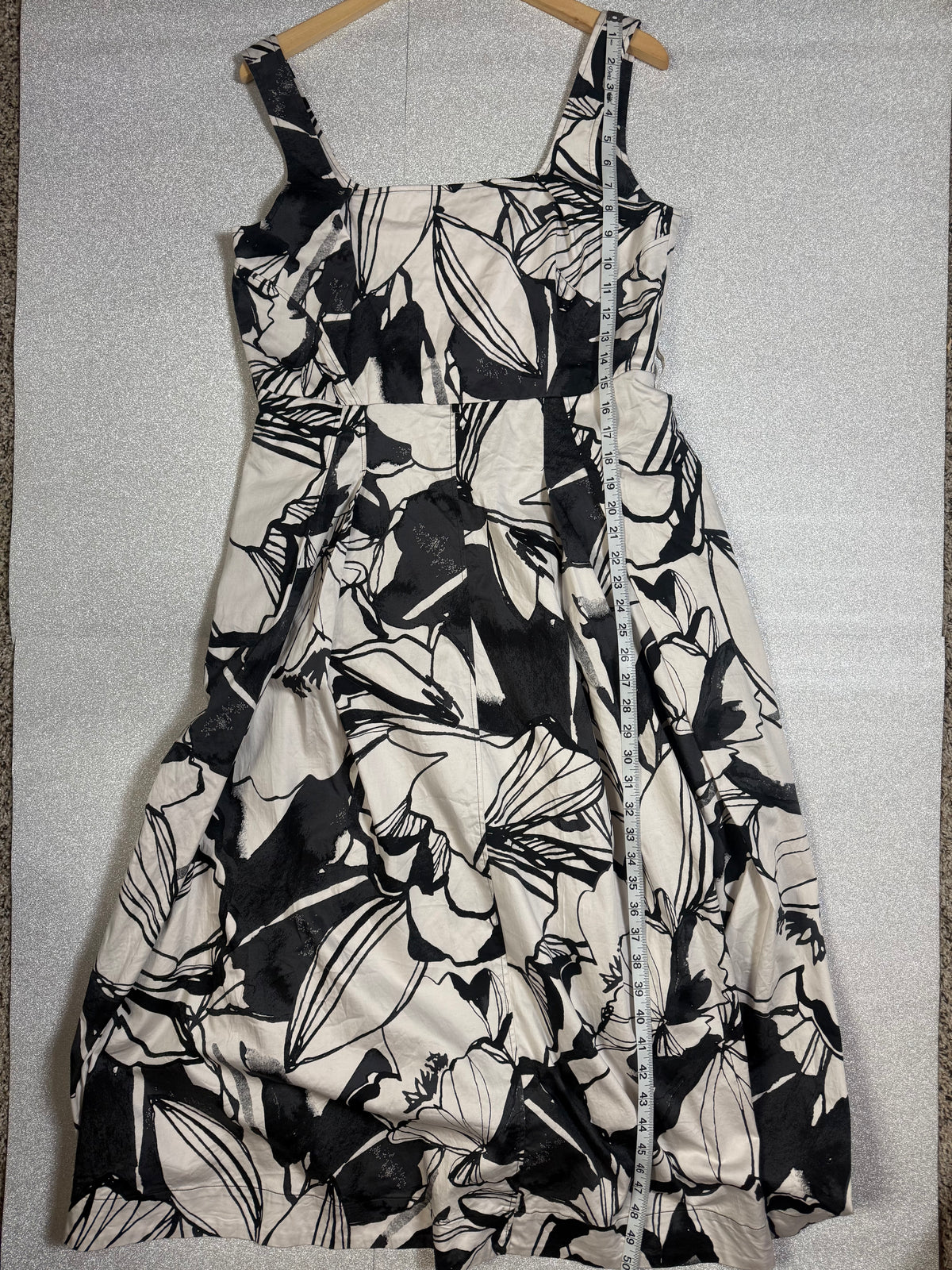 Donna Karan 100% Cotton Size 16 Black and White Plant Print Tank Top Midi Dress