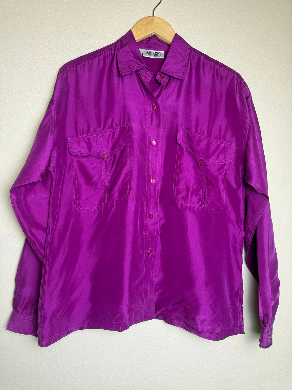 Milagro 100% Silk S Fuchsia Collared Long Sleeve Button Down