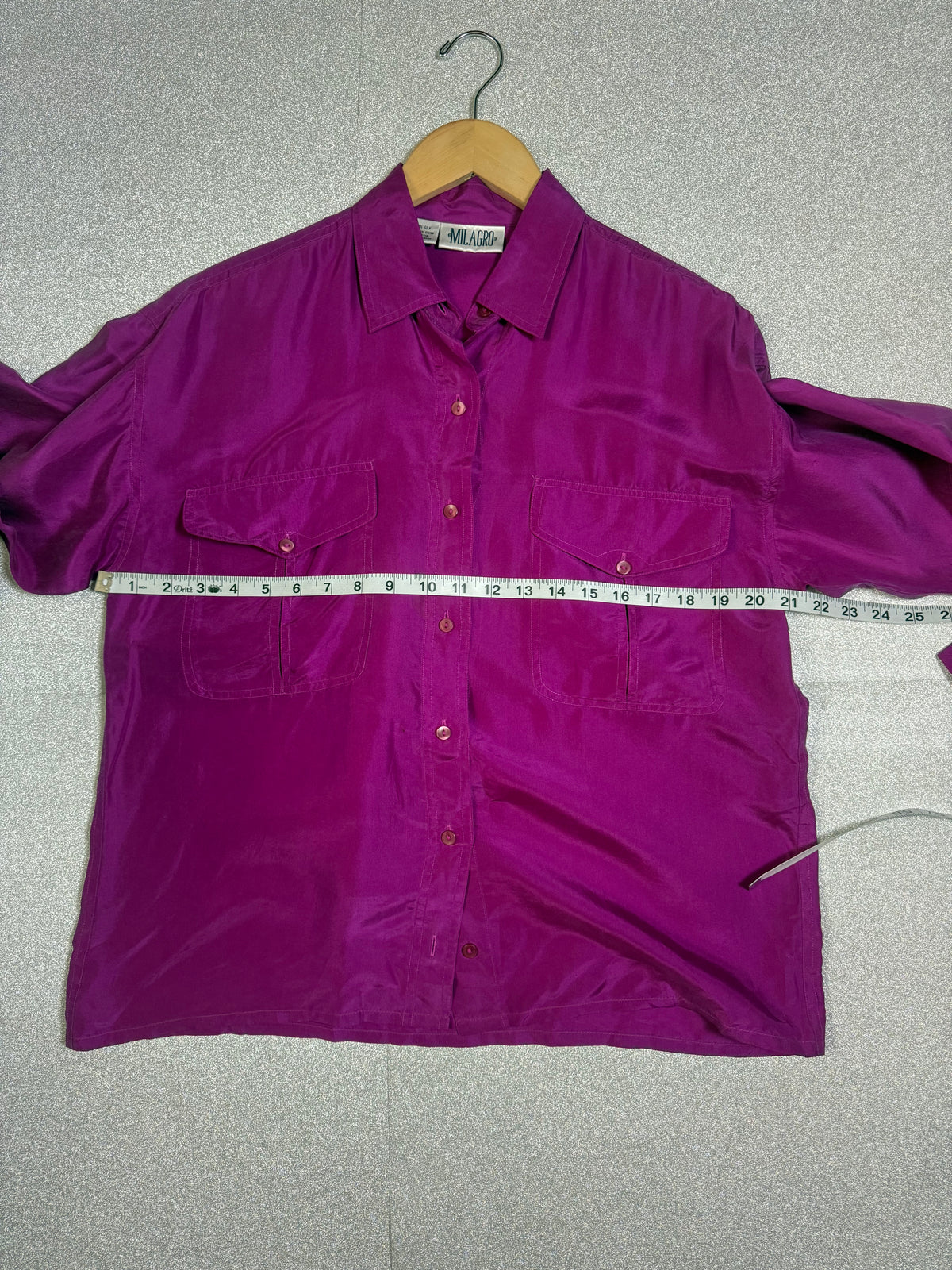 Milagro 100% Silk S Fuchsia Collared Long Sleeve Button Down