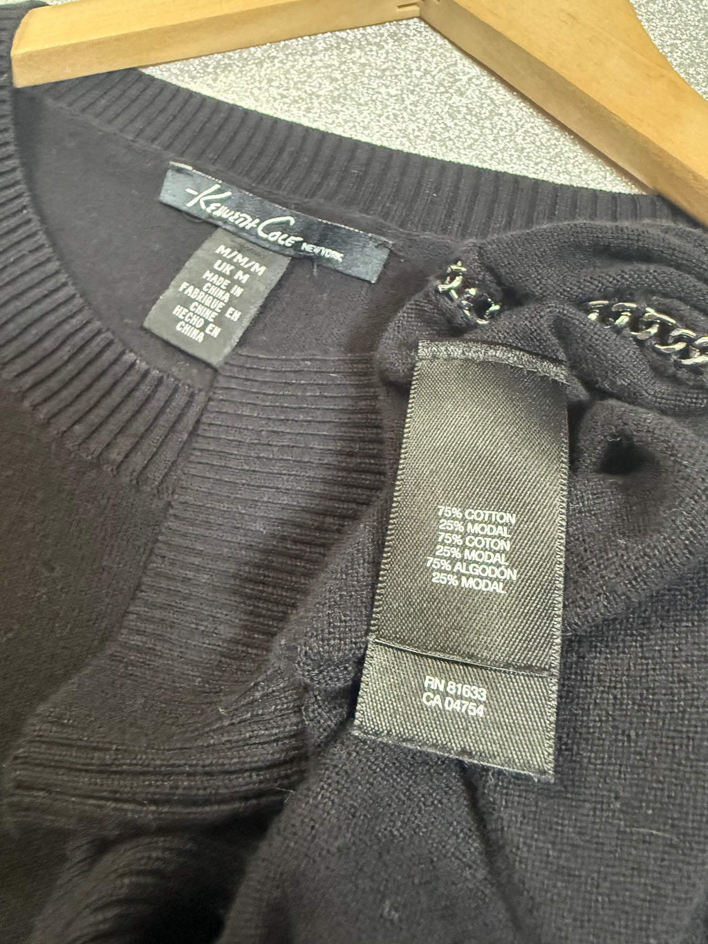 Kenneth Cole 75% Cotton 25% Modal M Black Sweater With Chain Detail