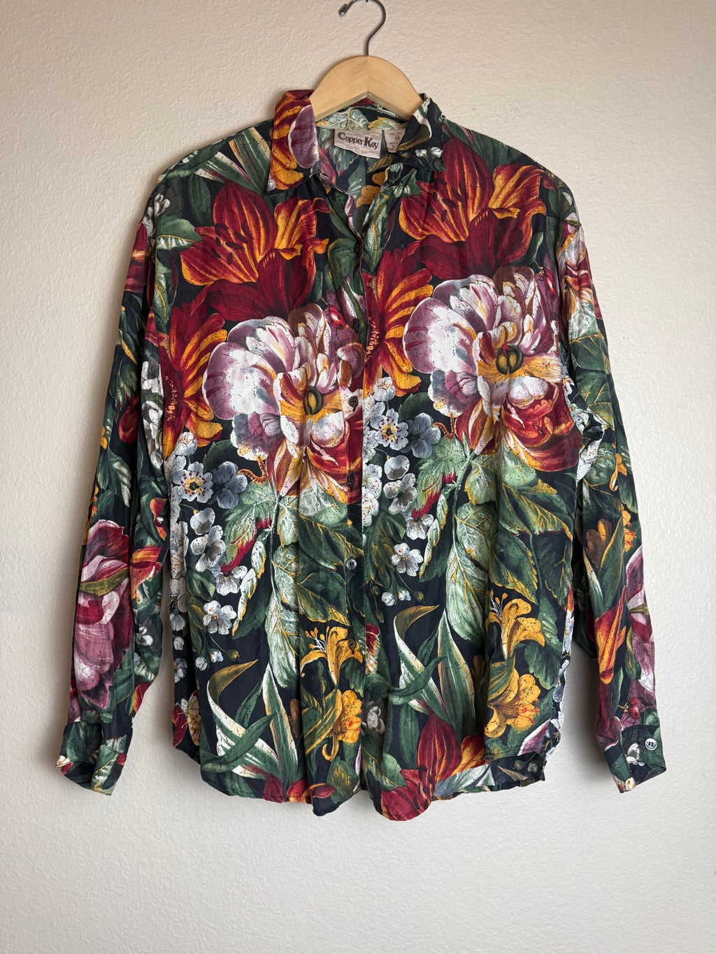 Copper Key 100% Silk M Floral Print Collared Button Down
