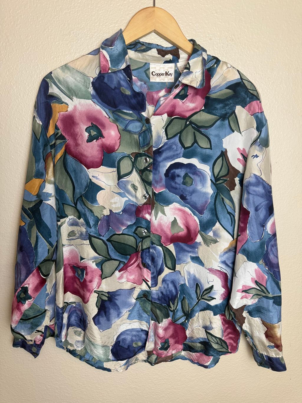 Copper Key 100% Silk S Floral Print Collared Button Down