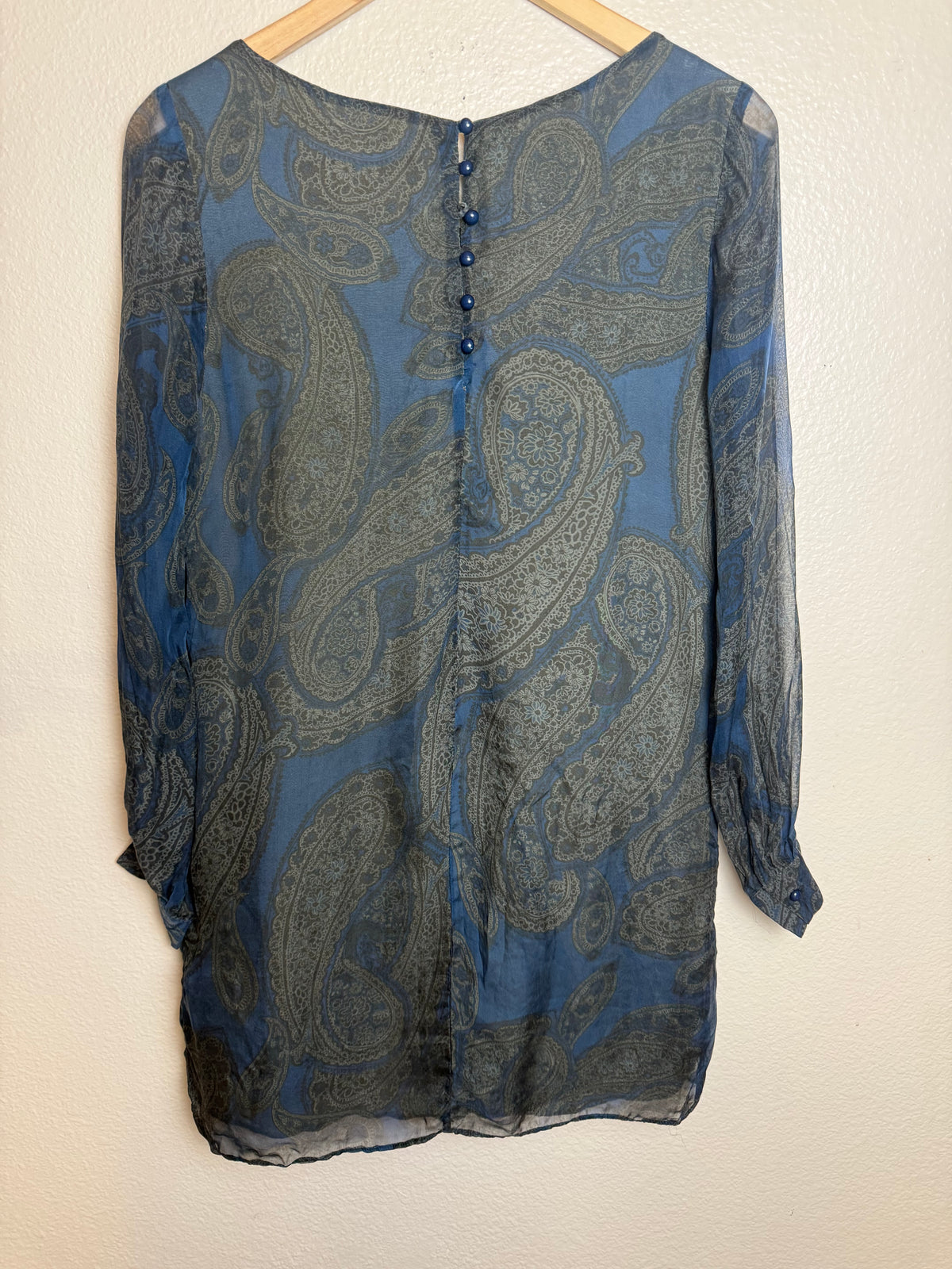 Love 21 100% Silk M Blue and Green Paisley Long Sleeve Mini Dress
