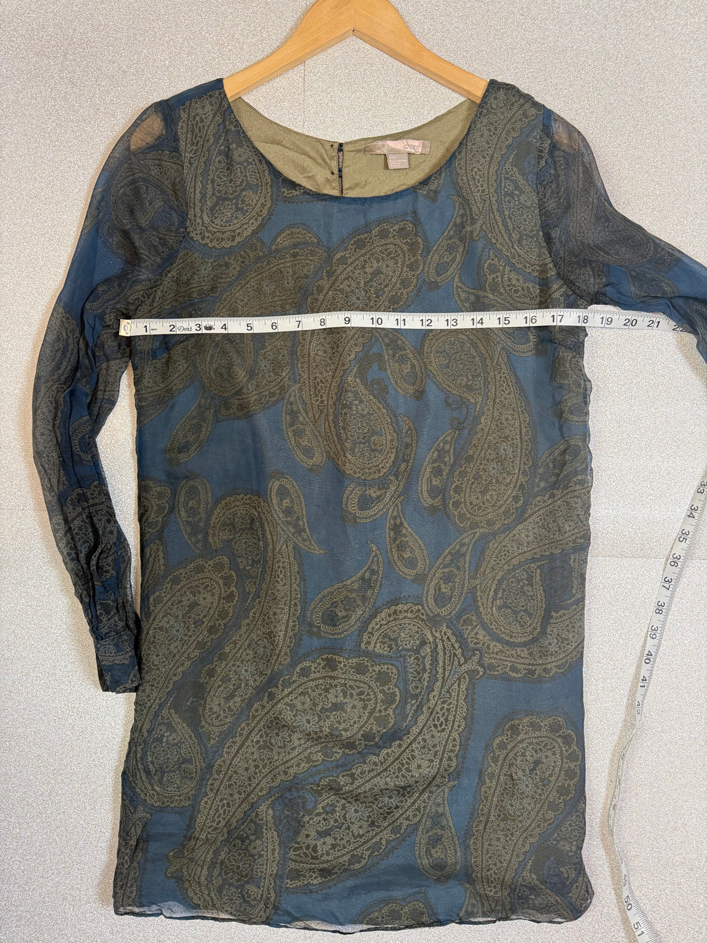Love 21 100% Silk M Blue and Green Paisley Long Sleeve Mini Dress