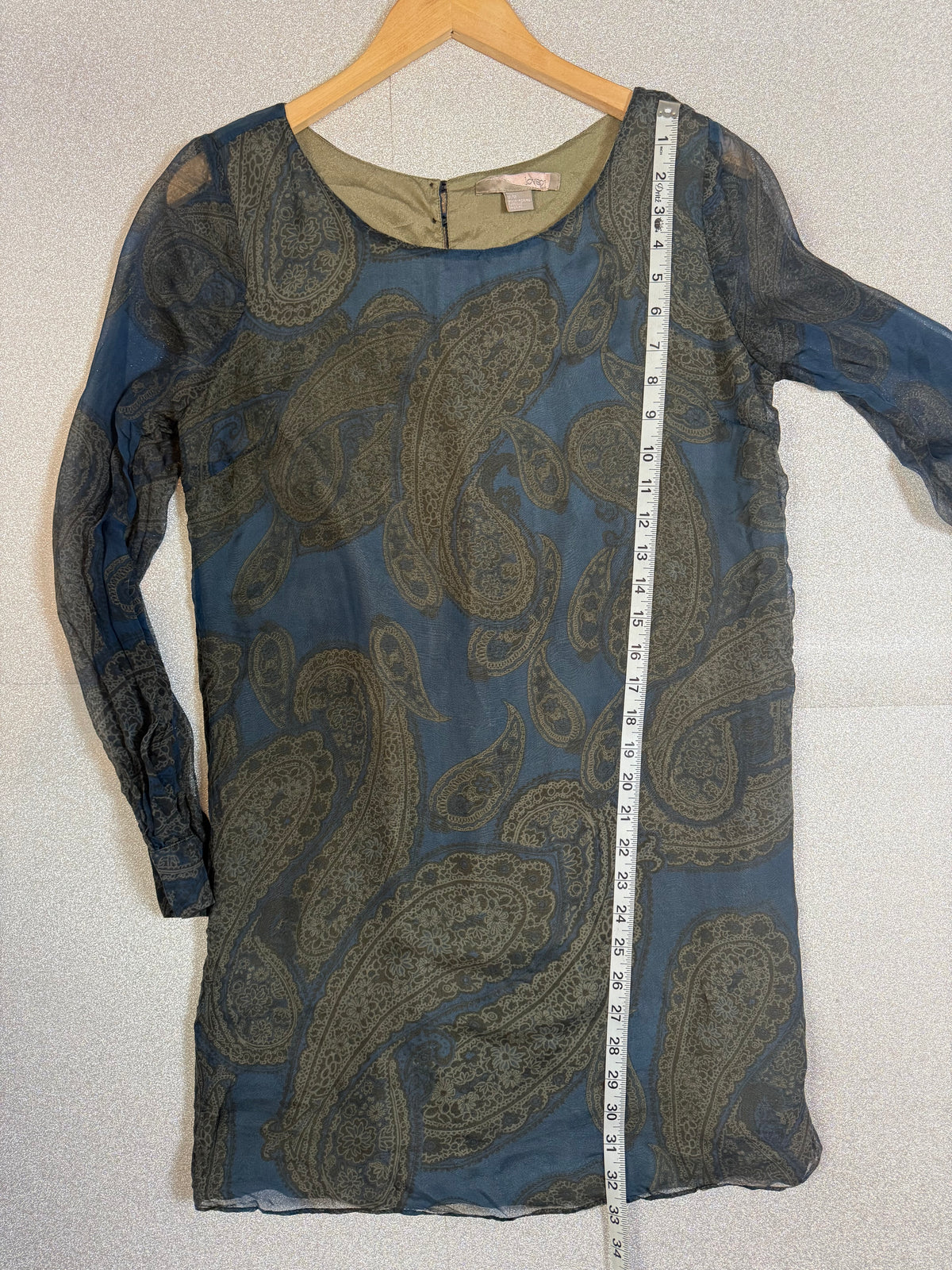 Love 21 100% Silk M Blue and Green Paisley Long Sleeve Mini Dress