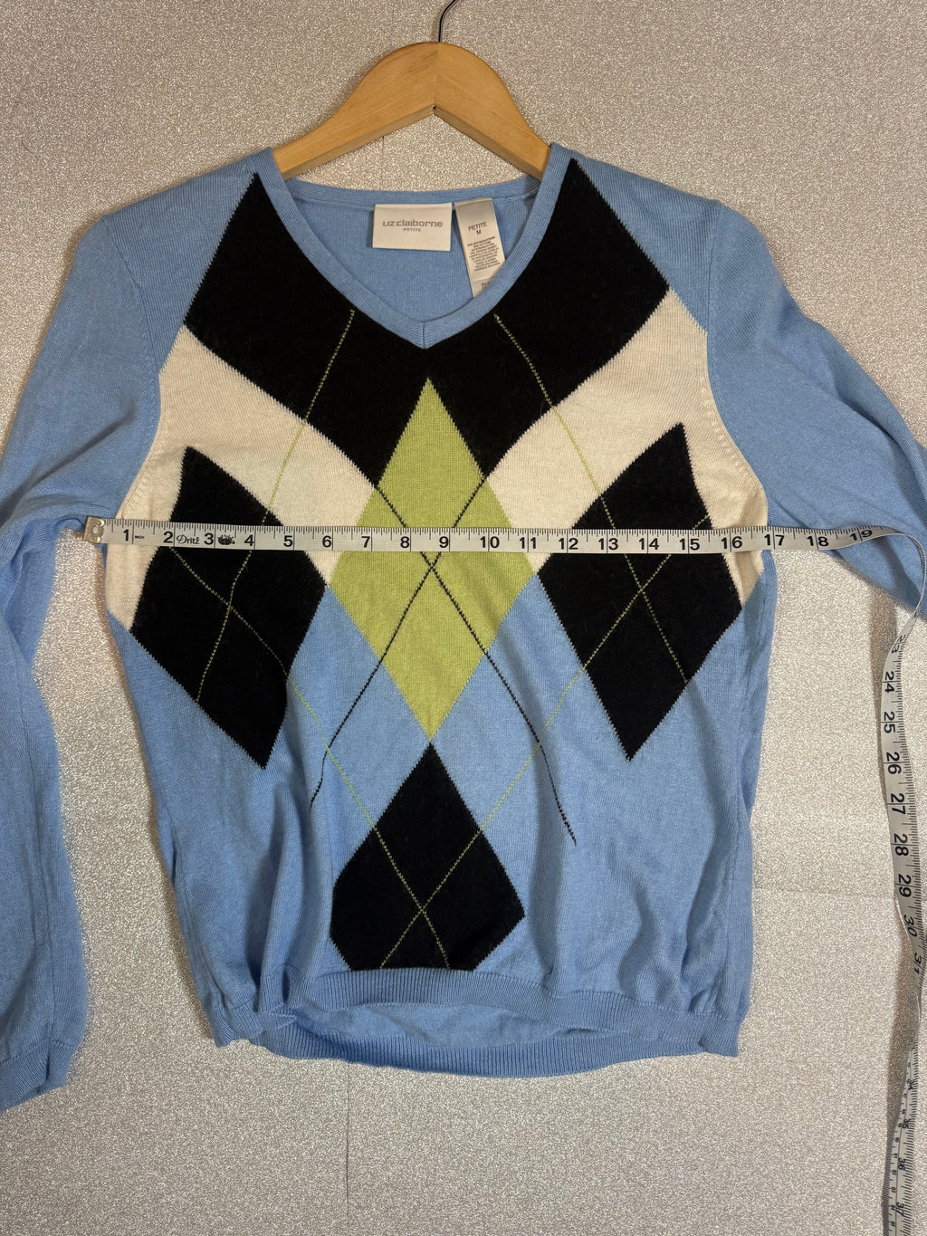 Liz Claiborne 50% Rayon 35% Cotton 15% Angora Rabbit Hair Light Blue Argyle Sweater