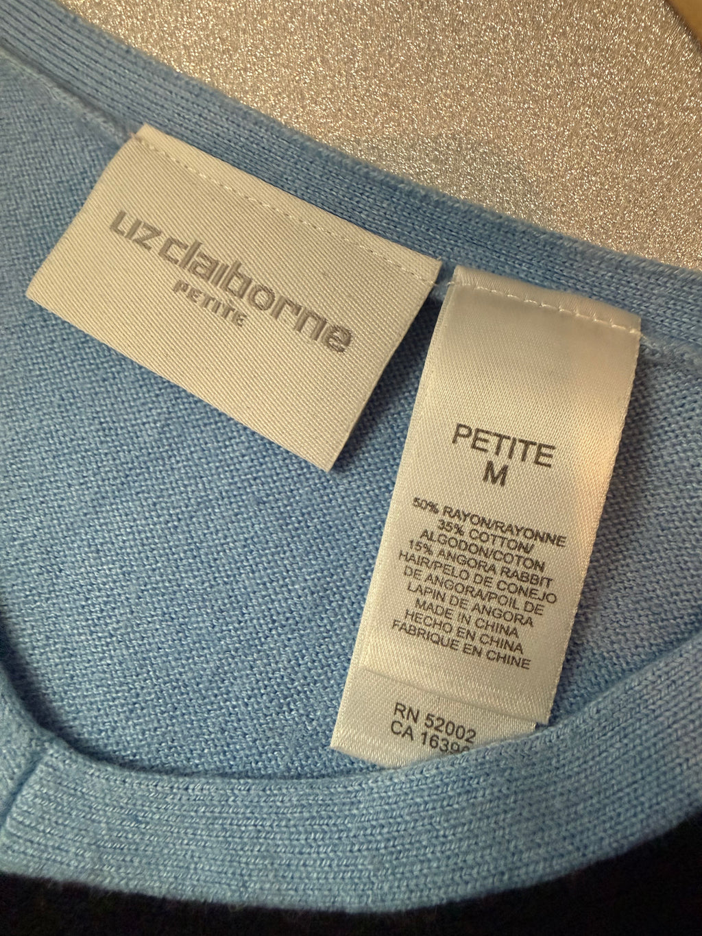 Liz Claiborne 50% Rayon 35% Cotton 15% Angora Rabbit Hair Light Blue Argyle Sweater