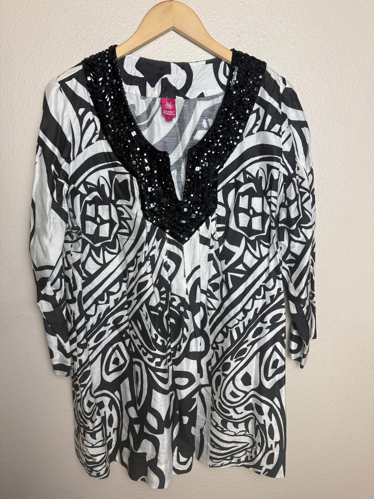 Sandy Starkman 70% Cotton 30% Silk L Black and White Design 3/4 Sleeve Shirt