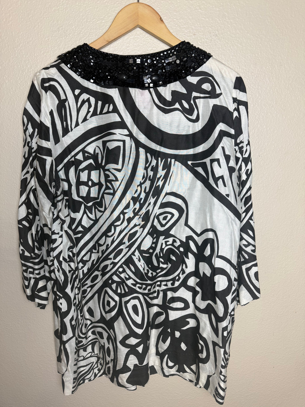 Sandy Starkman 70% Cotton 30% Silk L Black and White Design 3/4 Sleeve Shirt