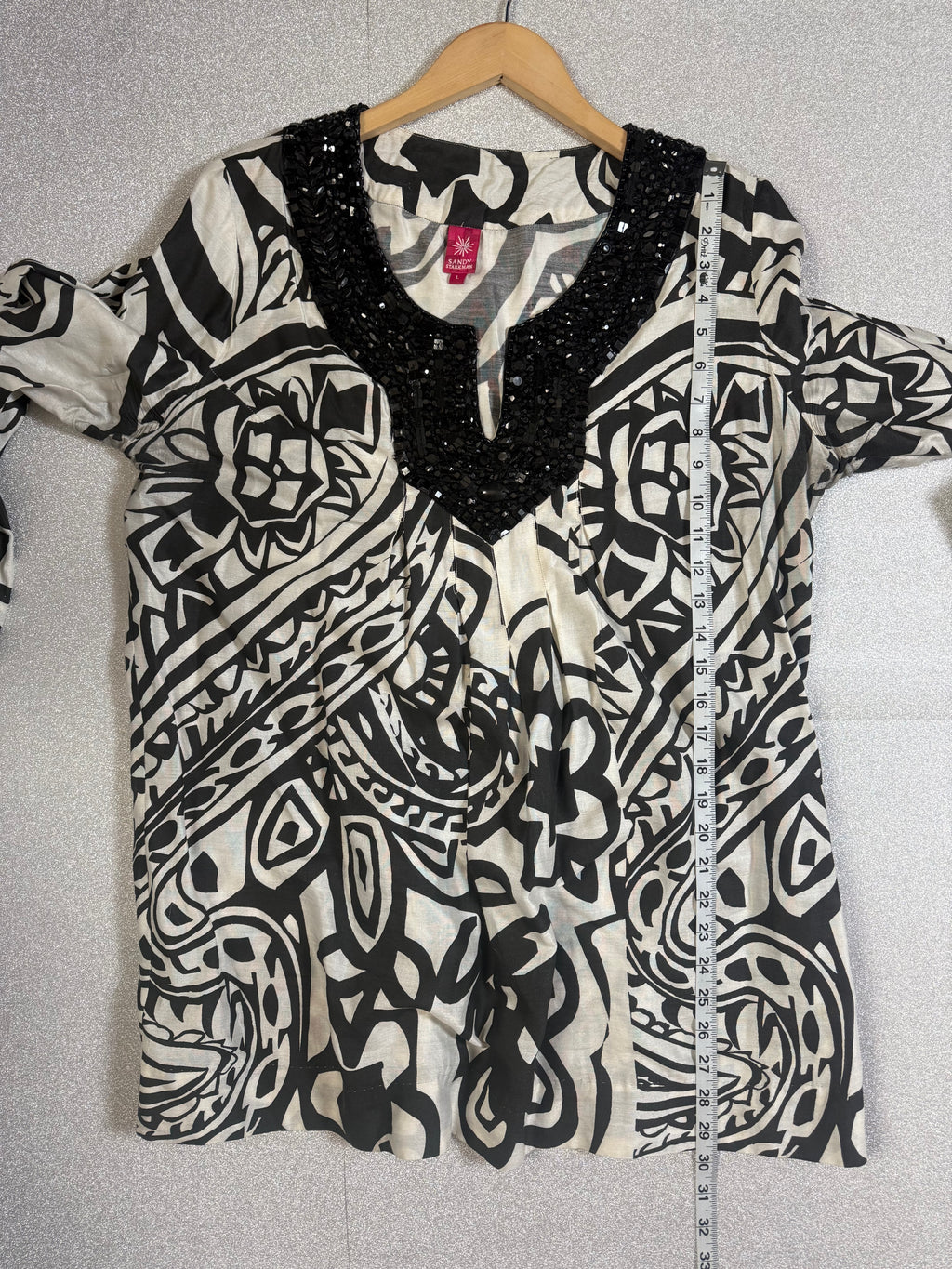 Sandy Starkman 70% Cotton 30% Silk L Black and White Design 3/4 Sleeve Shirt