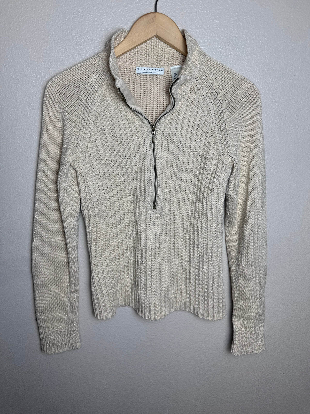 Liz Claiborne 97% Cotton 3% Other Fibers Beige and Metallic Gold Mock Neck Sweater