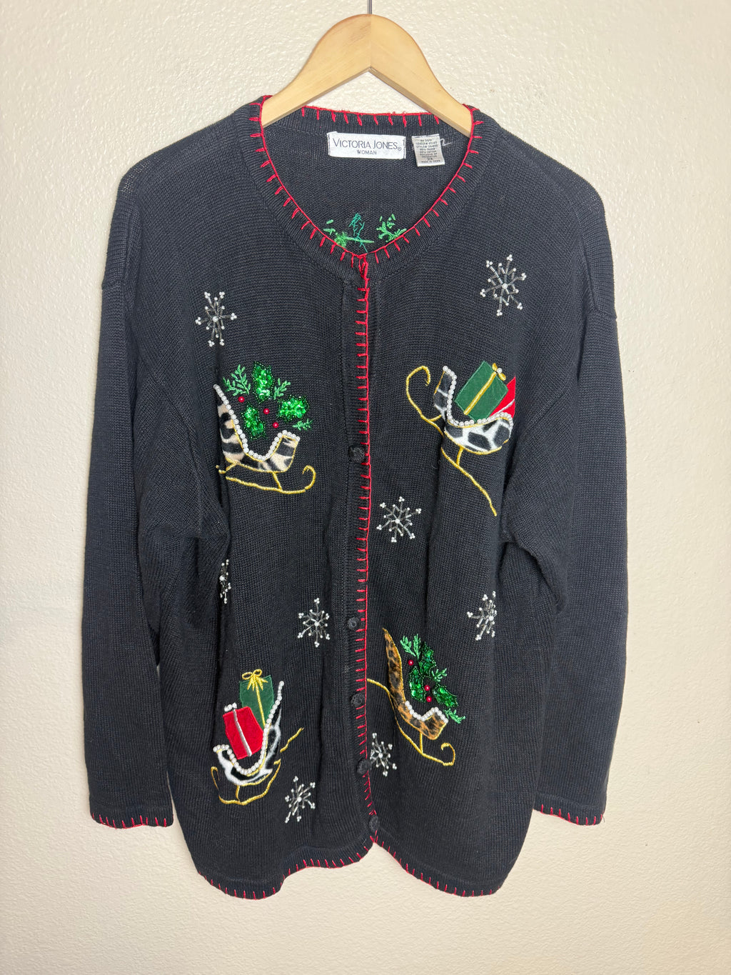 Victoria Jones 55% Ramie 45% Cotton 2X Black Christmas Sweater
