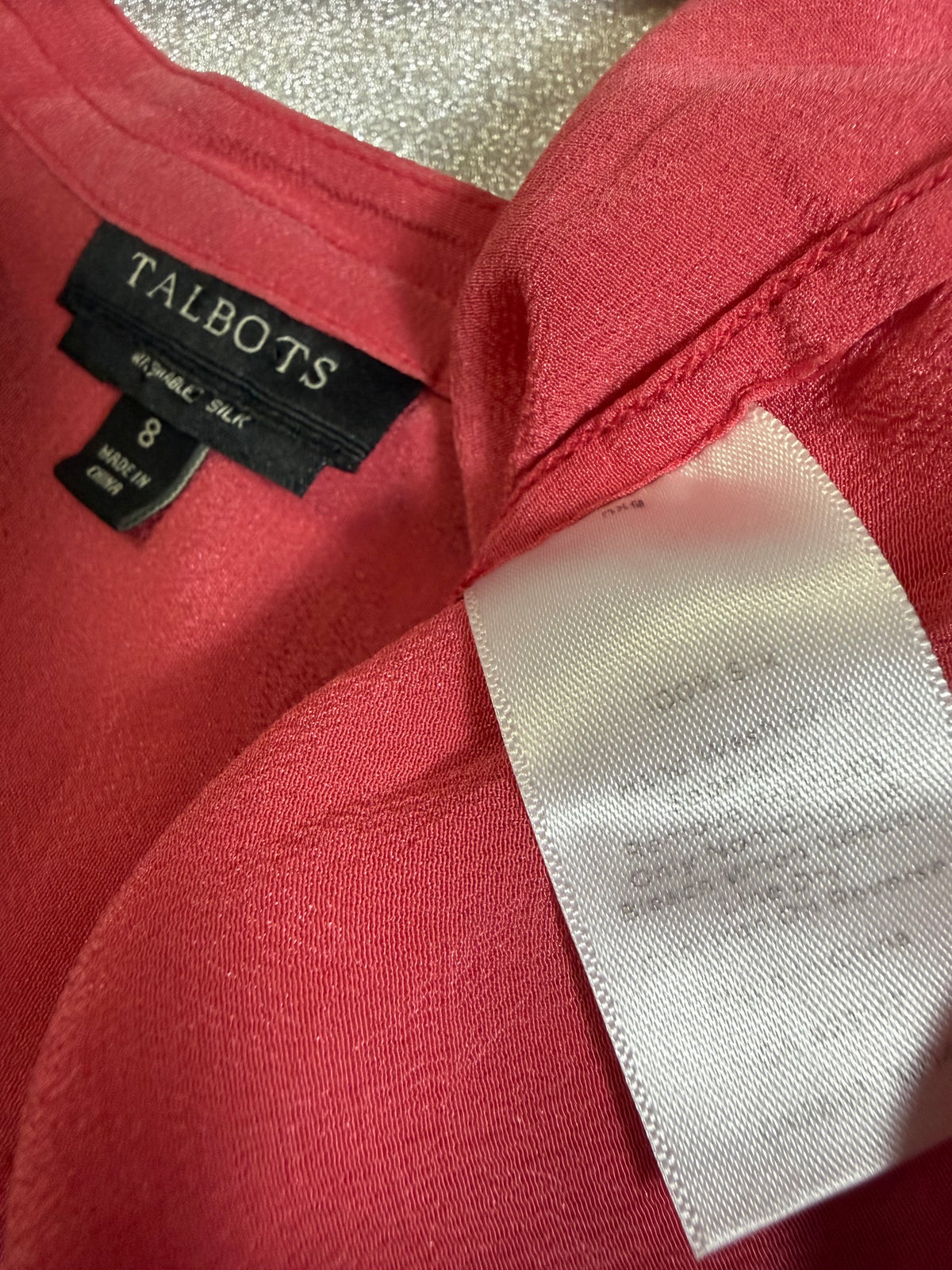 Talbots 100% Silk Size 8 Coral Long Sleeve