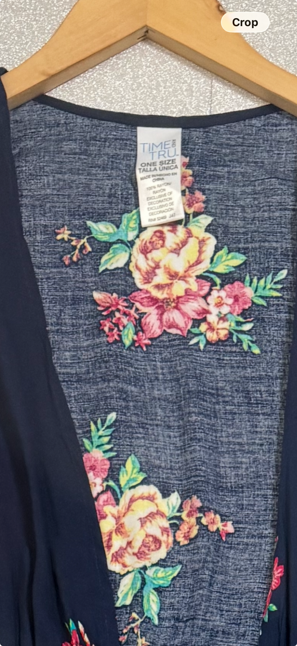 Time and Tru 100% Rayon One Size Navy Blue Floral Tie Front Long Short Sleeve Cardigan